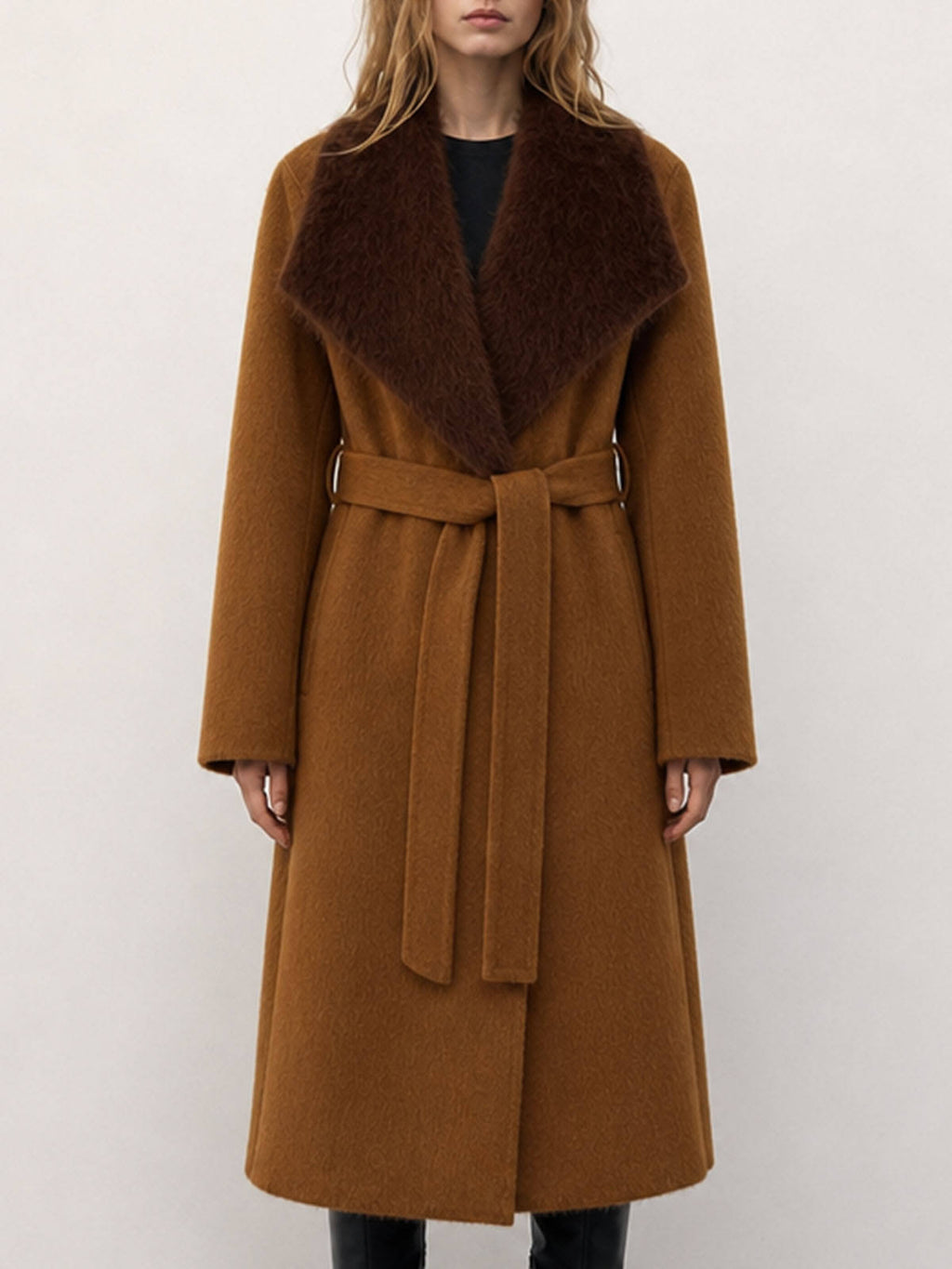 Winter Women's Formal Casual Breathable Woolen Coat with Fur Hood Long Cashmere Belt Double Faced Hand Sewn 2kg H2676