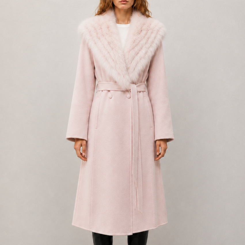 Custom OEM/ODM High Quality Long Elegant Wool Blended Women's Coats Cashmere Lining Solid Pattern Belt Closure for Fall/Winter N5839-2