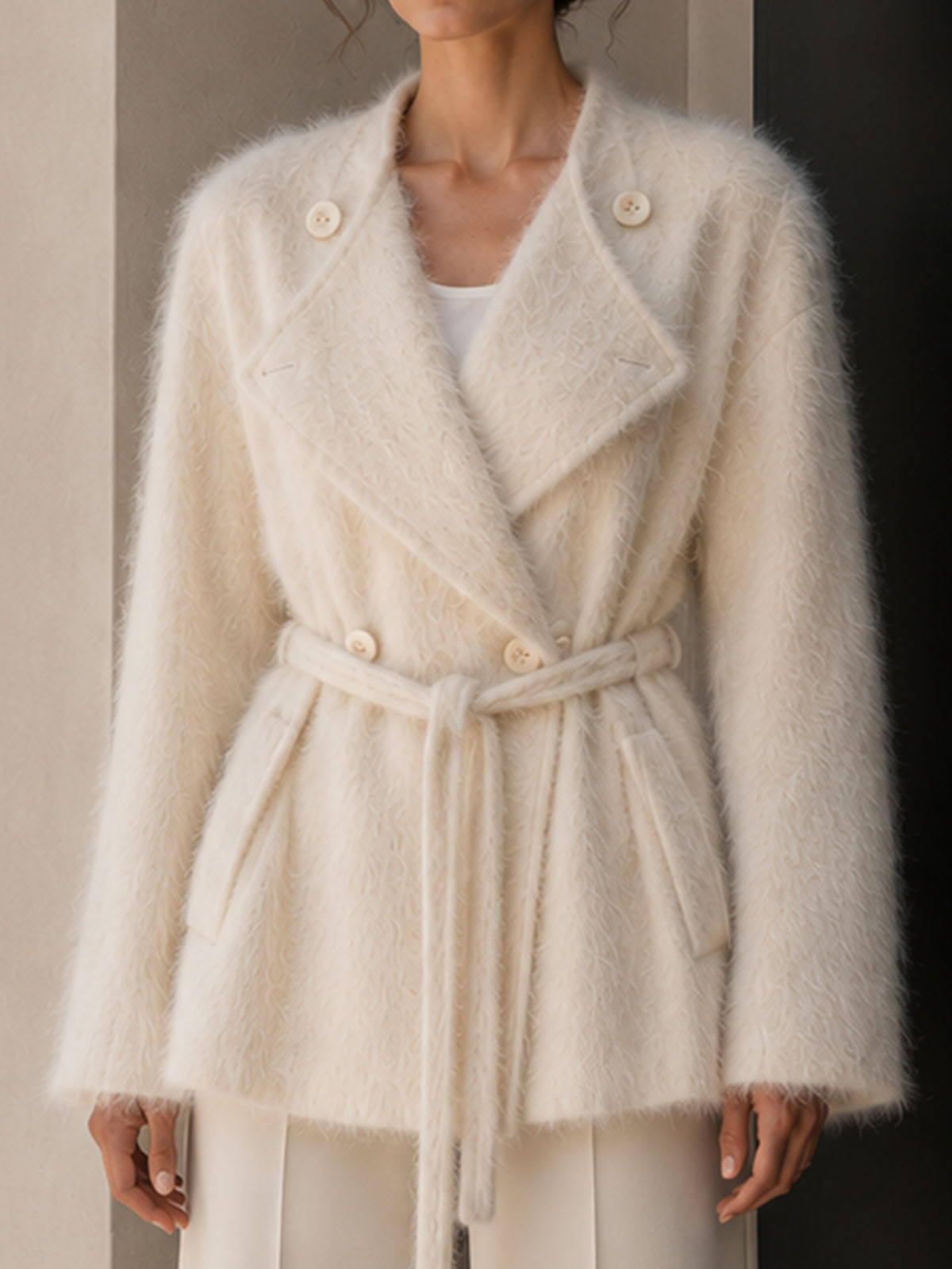 Women's Brushed Coats Wool Blend Belted Fuzzy Knit Jacket Asymmetric Button Quiet Luxury Coat GC0042