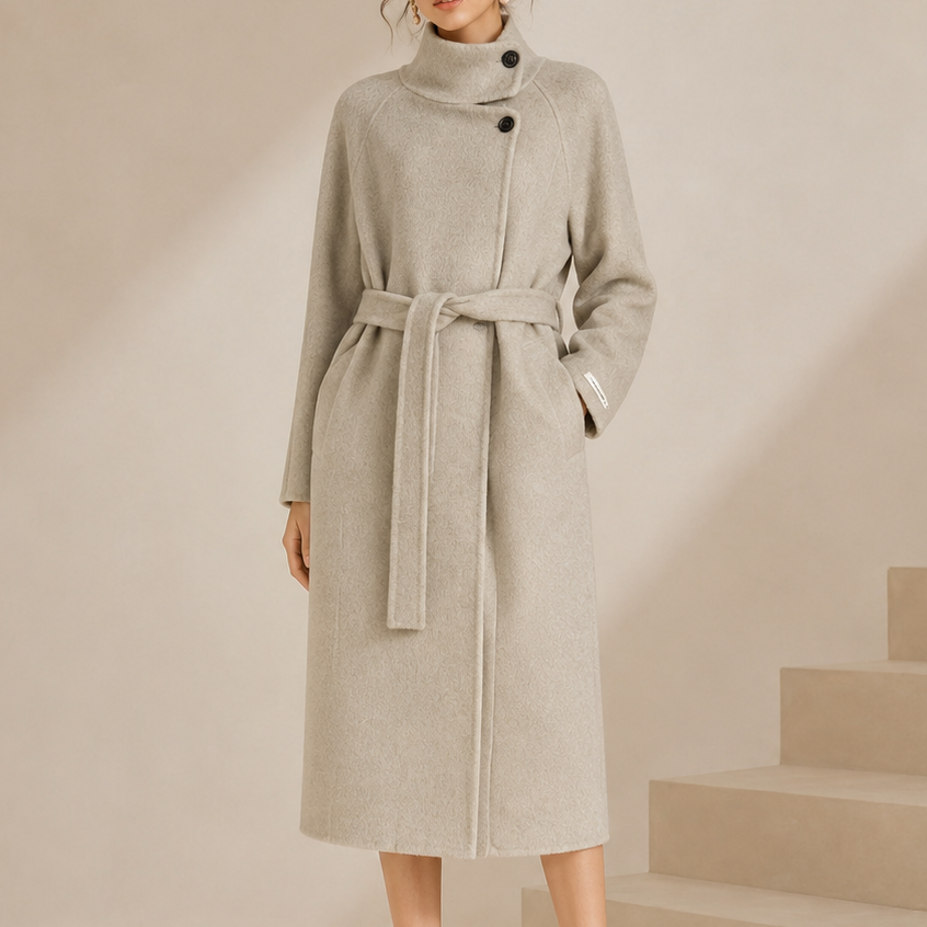 New Arrival Winter Women's Korean Style Casual Wool Stand Collar Belted Long Coat Apparel Stock 2562