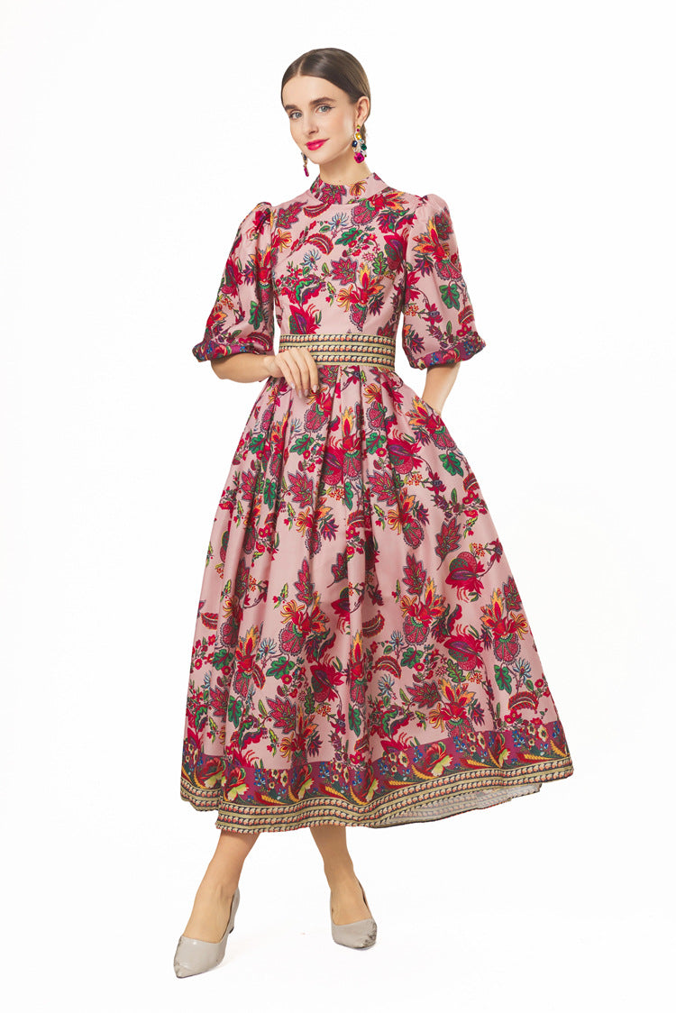 New Women Plus Size Dress, Premium Fabric Printed Cow Horn Shoulder Short Sleeve Slim Waist Dress