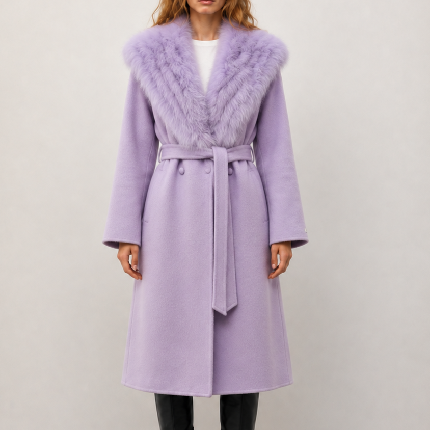Custom OEM/ODM High Quality Long Elegant Wool Blended Women's Coats Cashmere Lining Solid Pattern Belt Closure for Fall/Winter N5839-2