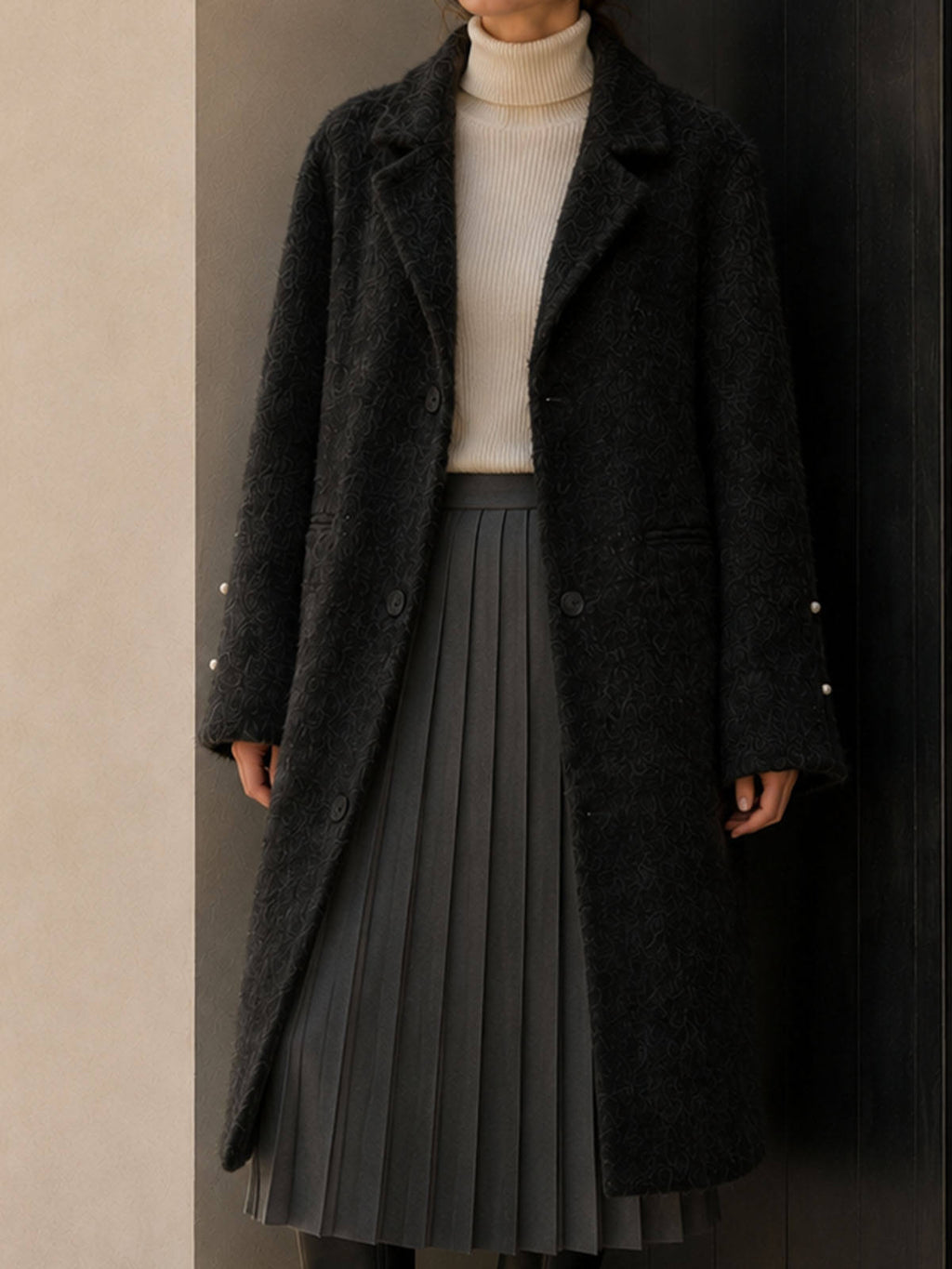 Elegant Women's Woven Textured Wool Blend Breathable Long Detachable Collar Minimalist Single Button Winter Overcoat Office Lady GC0020
