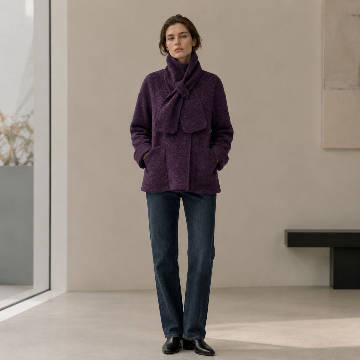Women's Cashmere Coats with Scarf Collar Solid Color Full Sleeve Elegant Winter Coat GC0006