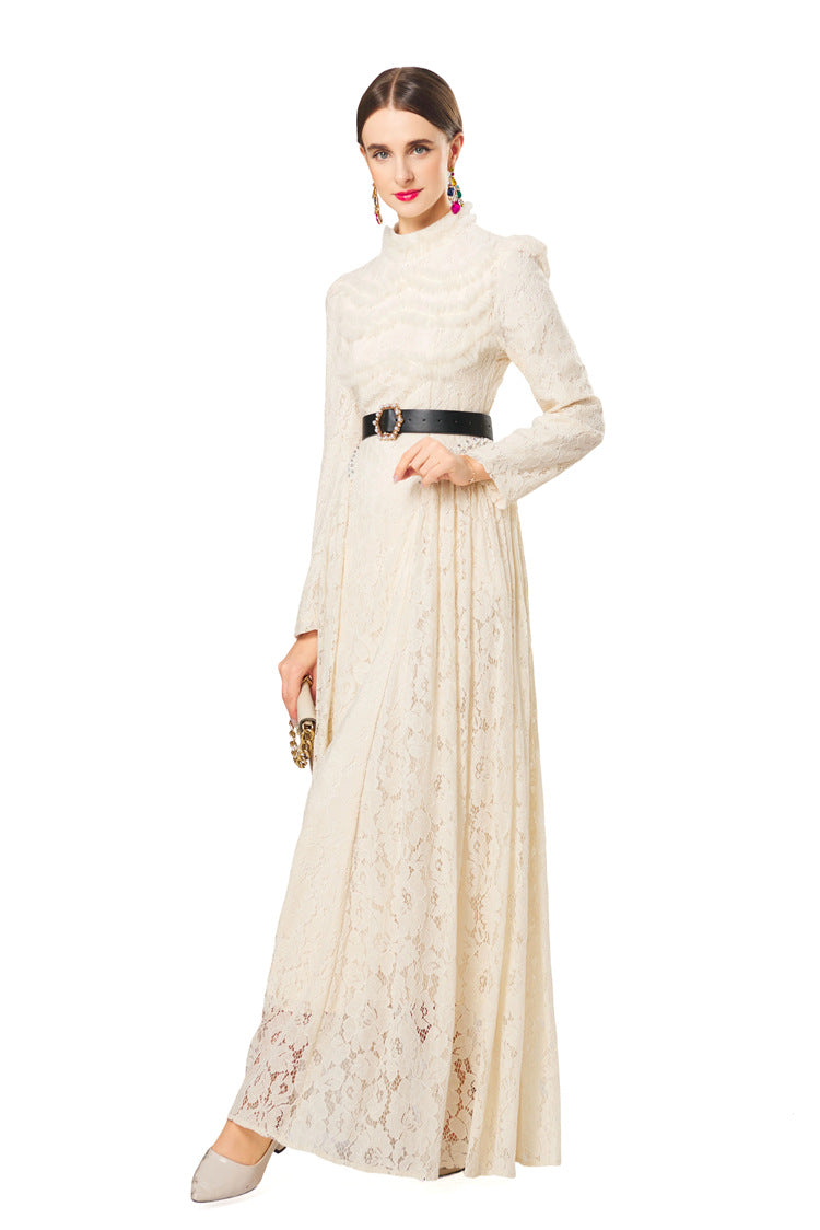 Plus Size Women Romantic Dress, Pearl Lace Floral Ruffle Crew Neck Cow Horn Shoulder Belted Long Sleeve Swing Dress