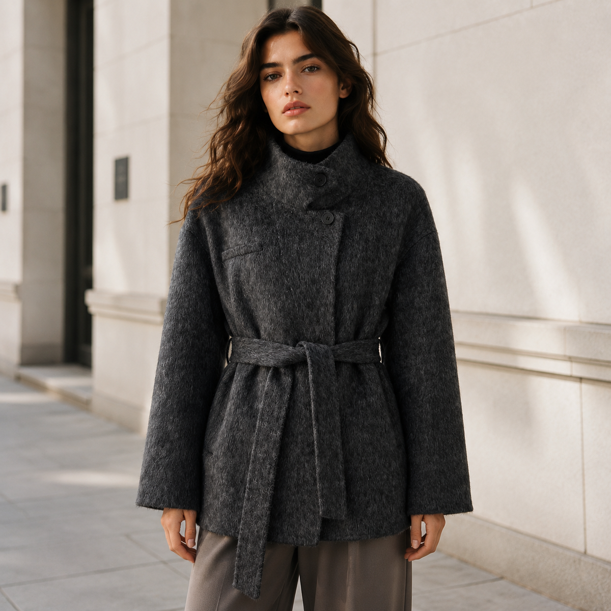 High Quality Classic Women's Wool Coats Solid Button Short Overcoat Belt Tie Breathable Autumn Winter Trenches Turtleneck Collar GC0016