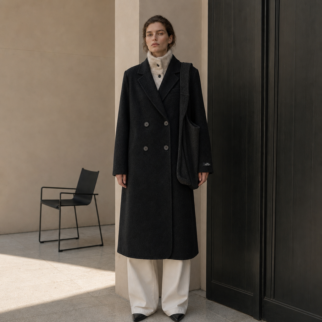 Women's Formal Long Woolen Coat Turn-down Collar Solid Breathable Elegant Full Sleeve Wool &amp; Cashmere Blend Winter 8861