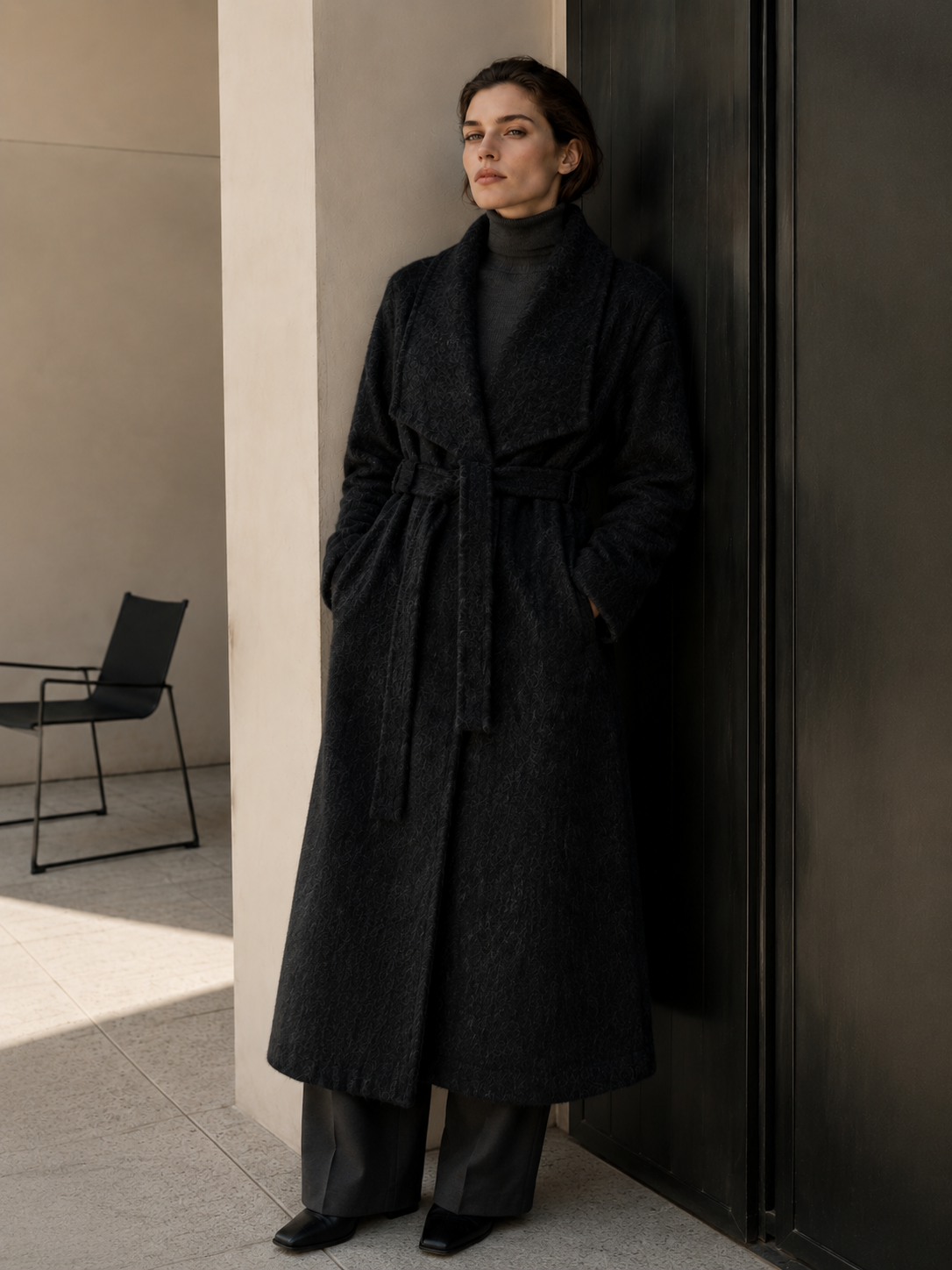 Women's High Street Style Eco-Friendly Charcoal Grey Woolen Winter Coat Single Button Turn-down Collar Double Face GC0009