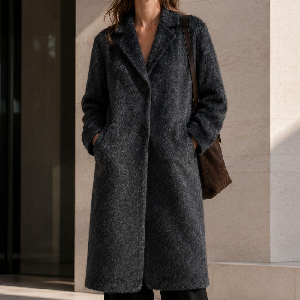Women's Winter Formal Alpaca Blend Notch Lapel Luxury Hairy Wool Long Overcoat with Double-faced Wool and Single Buttons GC0003