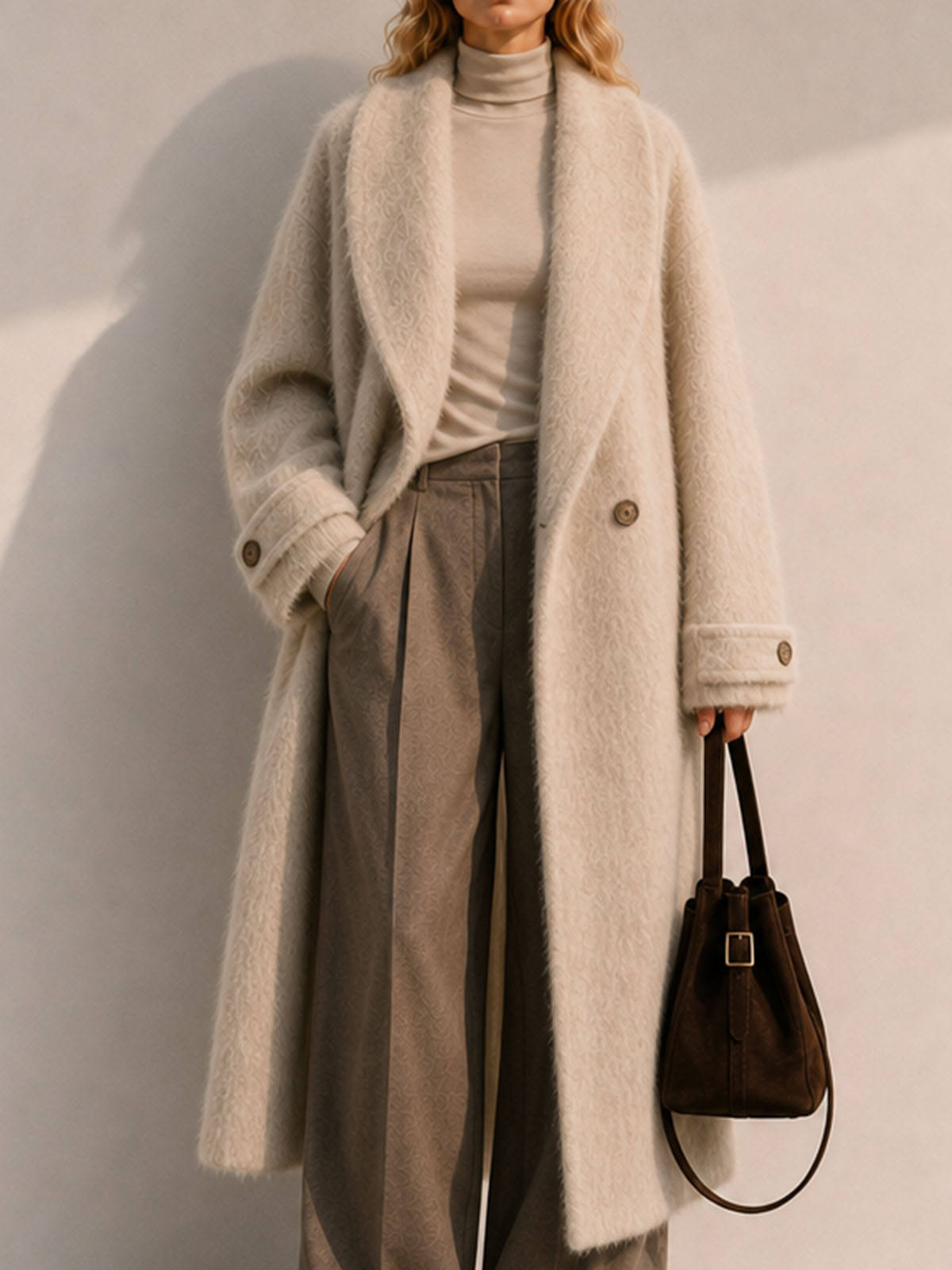 Women's Double Breasted Knitted Brushed Cashmere Hand-knitted Button Oversized Regular Winter Coat Elegant Full Sleeve Design GC0045