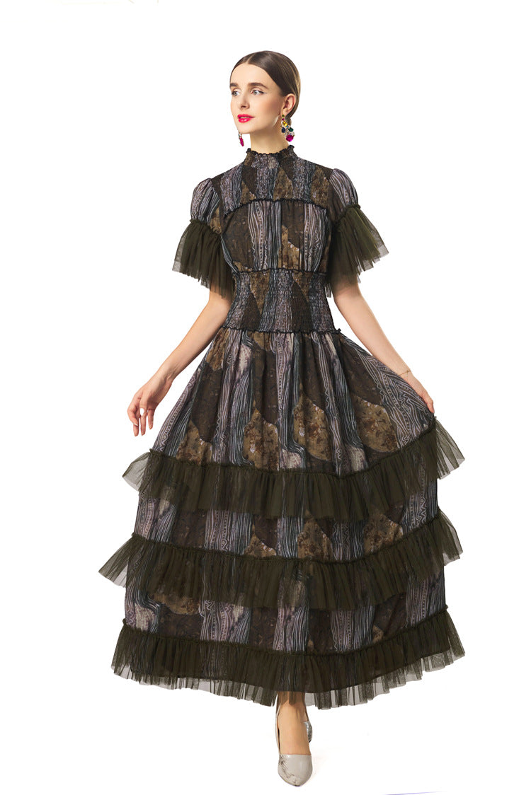 Plus Size Women Elegant Luxury Dress, Splice Mesh Stand Collar Waist Cinched Multi‑Layer Cake Skirt
