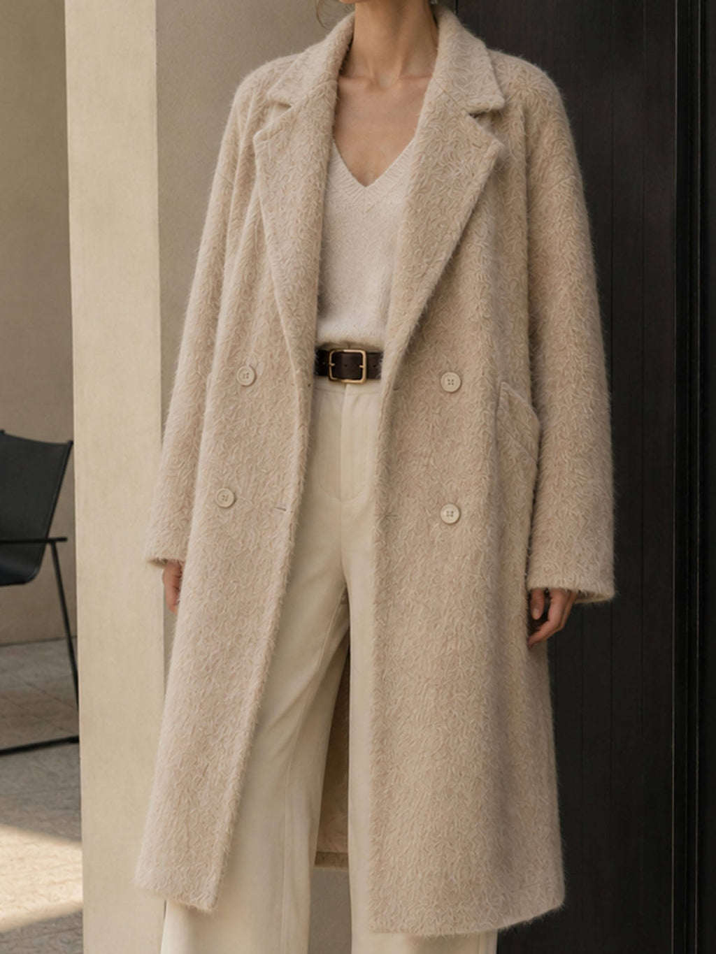 Women's Winter Vintage Woolen Cashmere Alpaca Blend Double Breasted Belted Coat Elegant Regular Overcoat Solid Pattern Made GC0048