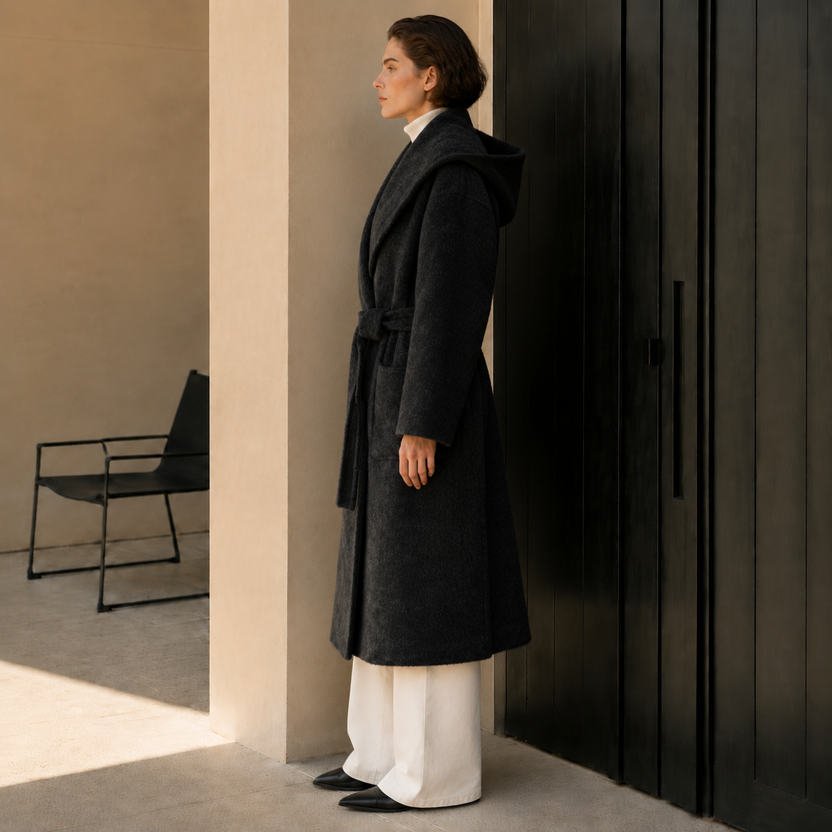 Elegant Woolen Cashmere Women's Thick Woven Full Sleeve Hooded Collar Trench Coat with Belt Warming Design for Winter Long GC0014