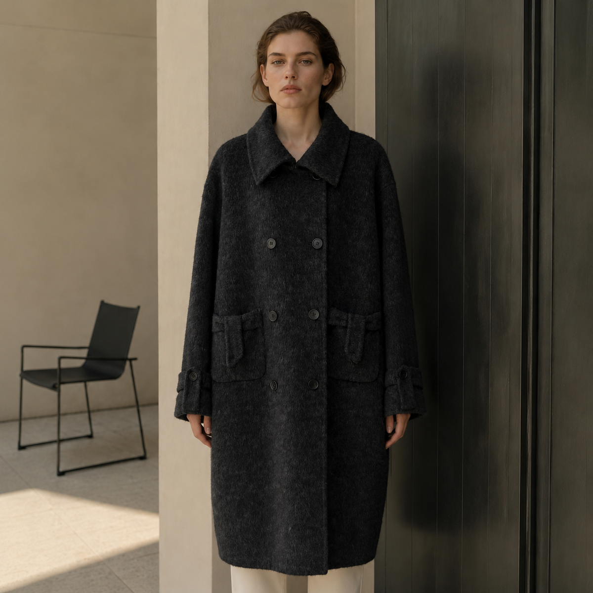 Women's Eco-Friendly Winter Double Breast Woolen Overcoat Casual Solid Long Coat Filled Cotton Lined Polyester Button Detail GC0019