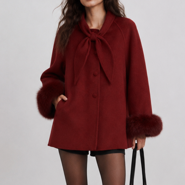Sweet Ladies Fox Fur Cuff Woven Coat with Bowtie & Button Detail Wool Blend for Spring Autumn Fashion Korean Style L26152
