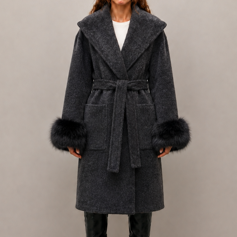 2026 New Women's Winter Wool Coat, Loose Fit with Cinched Waist, Lapel Collar, Detachable Fox Fur Trimmed Sleeves L26036