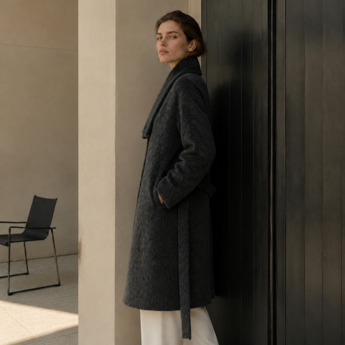 Women Single Button Long Overcoat Charcoal High Street Elegant Winter Fashion Coat with Scarf Wool Down Filled GC0027