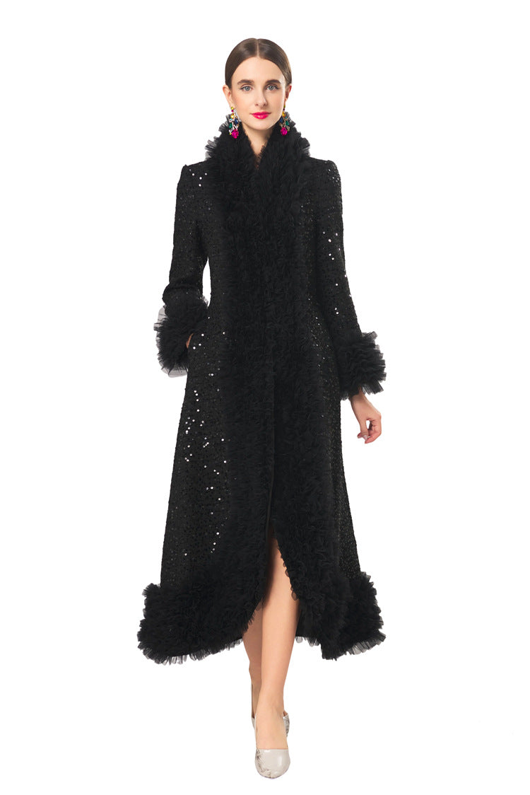 Plus Size High‑End Elegant Classic Black Fall Winter Dress, Ruffle Collar Hand Beaded Coat Dress