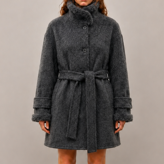 Women's Wool Woven Coat with Belt Closure Breathable Stand Collar Midi Length Casual Winter Designer Clothing H2751