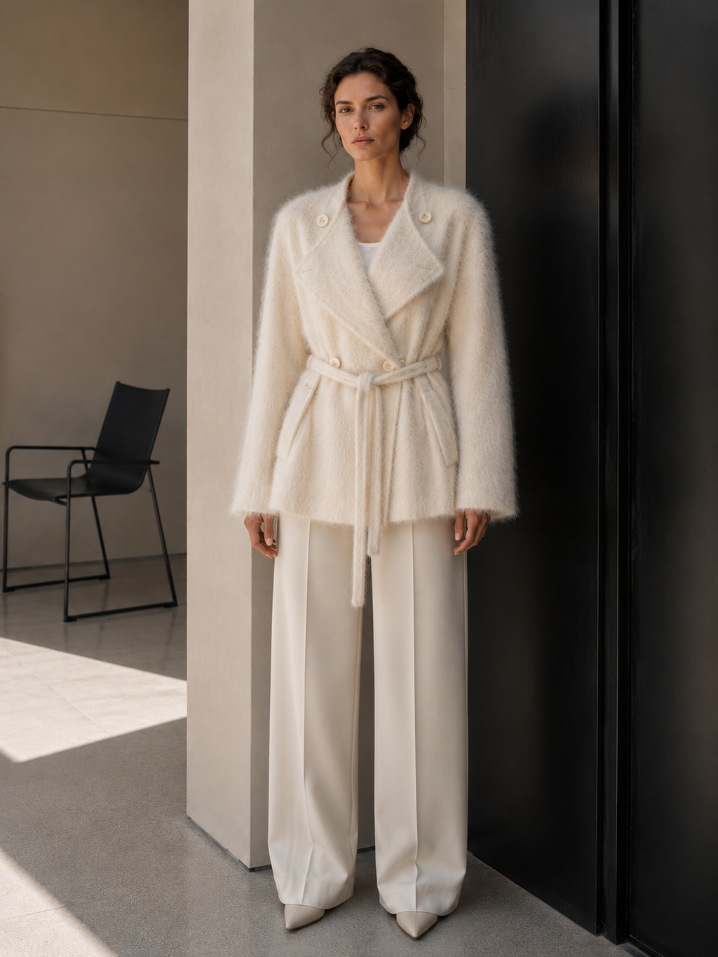 Women's Brushed Coats Wool Blend Belted Fuzzy Knit Jacket Asymmetric Button Quiet Luxury Coat GC0042