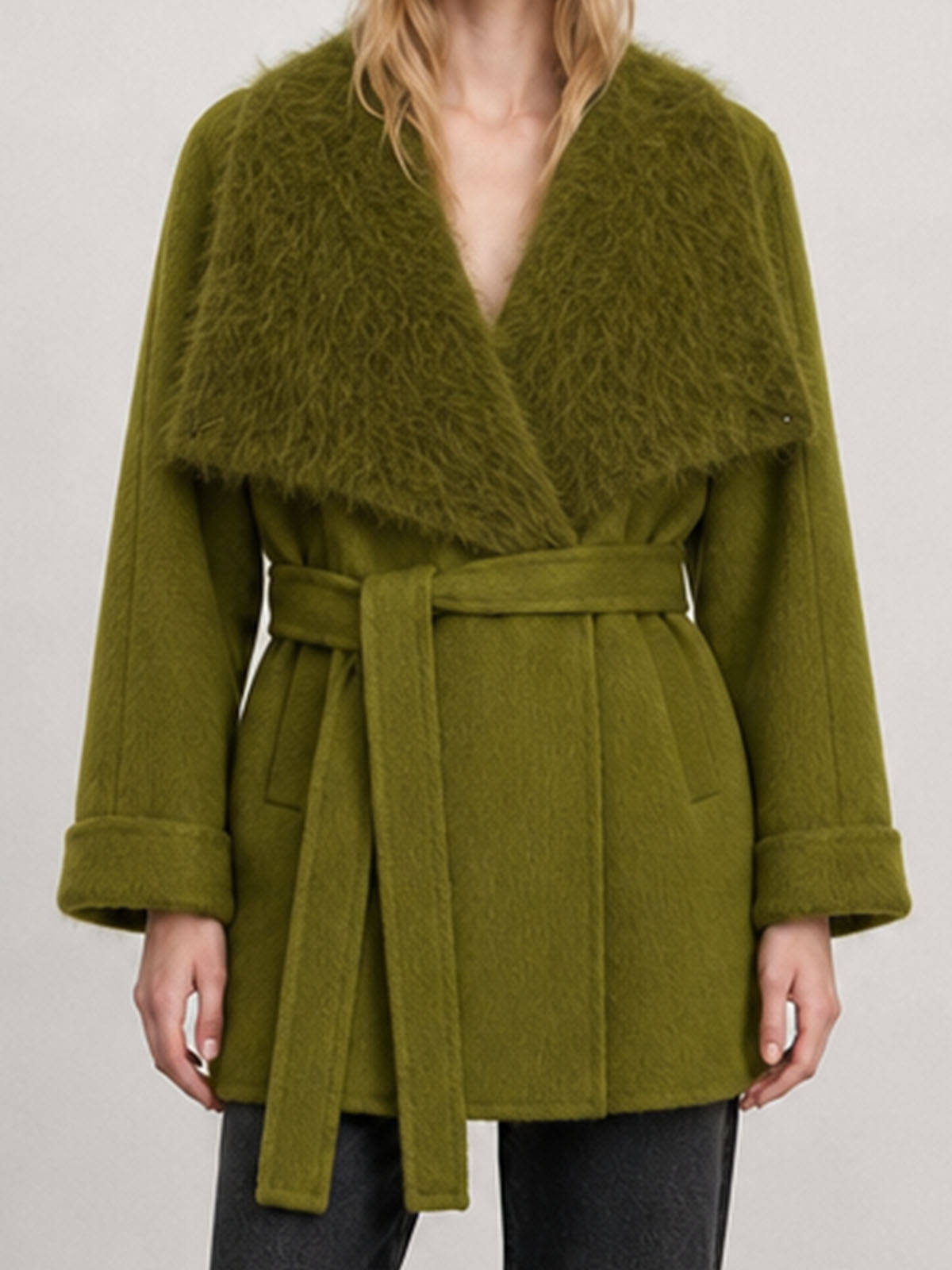 Women's Korean-Style Tweed Wool & Blends Overcoat with Winter Fox-Fur Collar and Belt Minimalist Design H2686