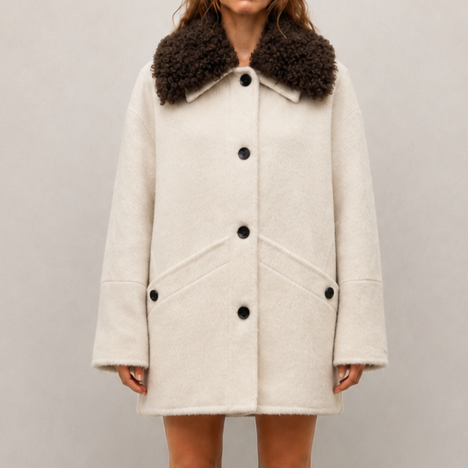Women's Autumn Mid-Length Wool Coat with Shearling Collar, Reversible Double-Faced Wool Jacket J2613