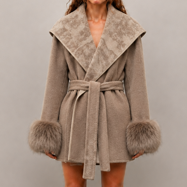 2026 New Women's Autumn/Winter Loose Fit with Cinched Waist, Lapel Collar, Detachable Fox Fur Trimmed Sleeves, Thick Outerwear L25122