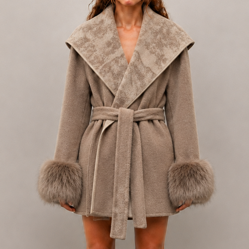2026 New Women's Autumn/Winter Loose Fit with Cinched Waist, Lapel Collar, Detachable Fox Fur Trimmed Sleeves, Thick Outerwear L25122