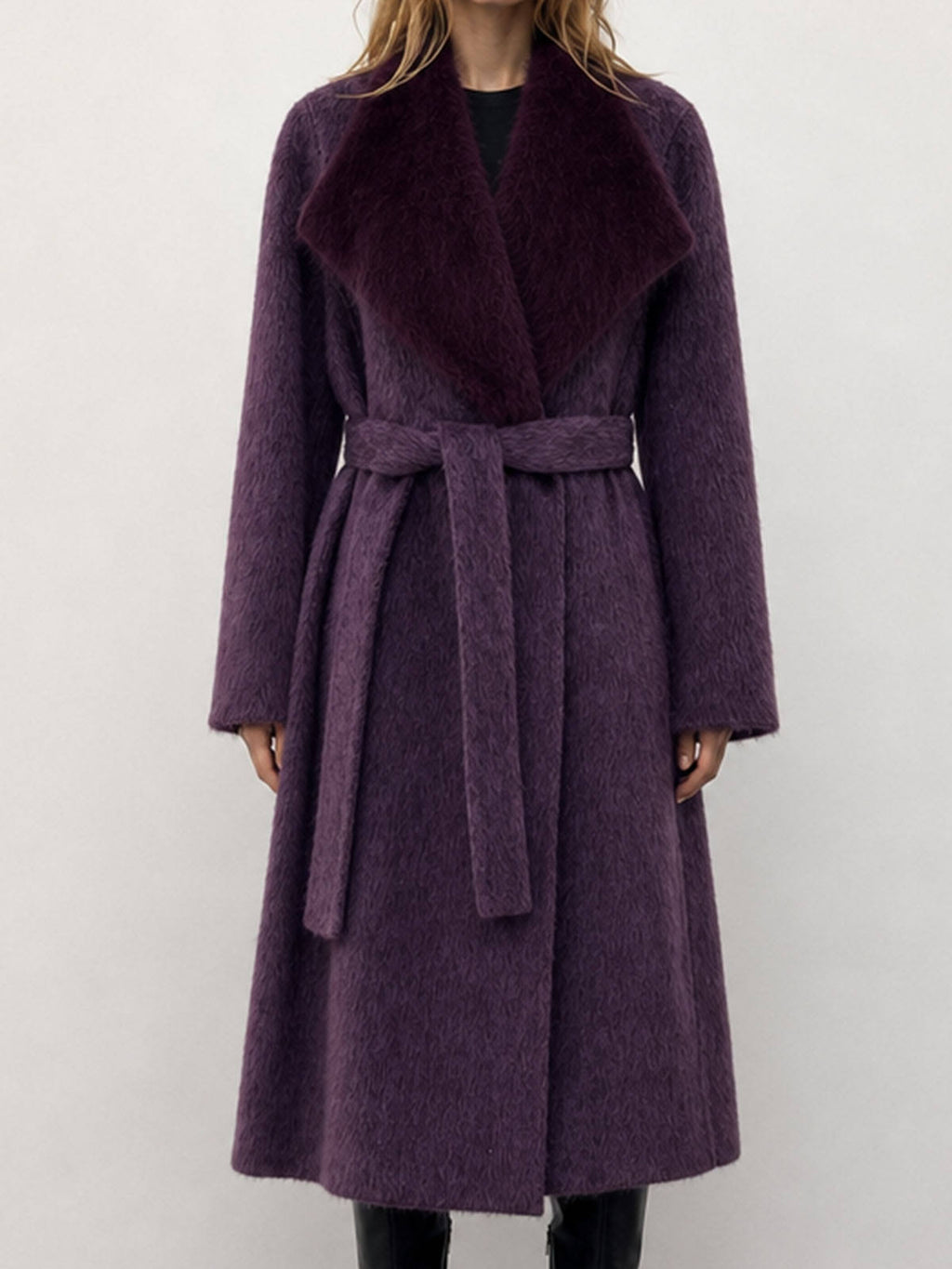 Winter Women's Formal Casual Breathable Woolen Coat with Fur Hood Long Cashmere Belt Double Faced Hand Sewn 2kg H2676