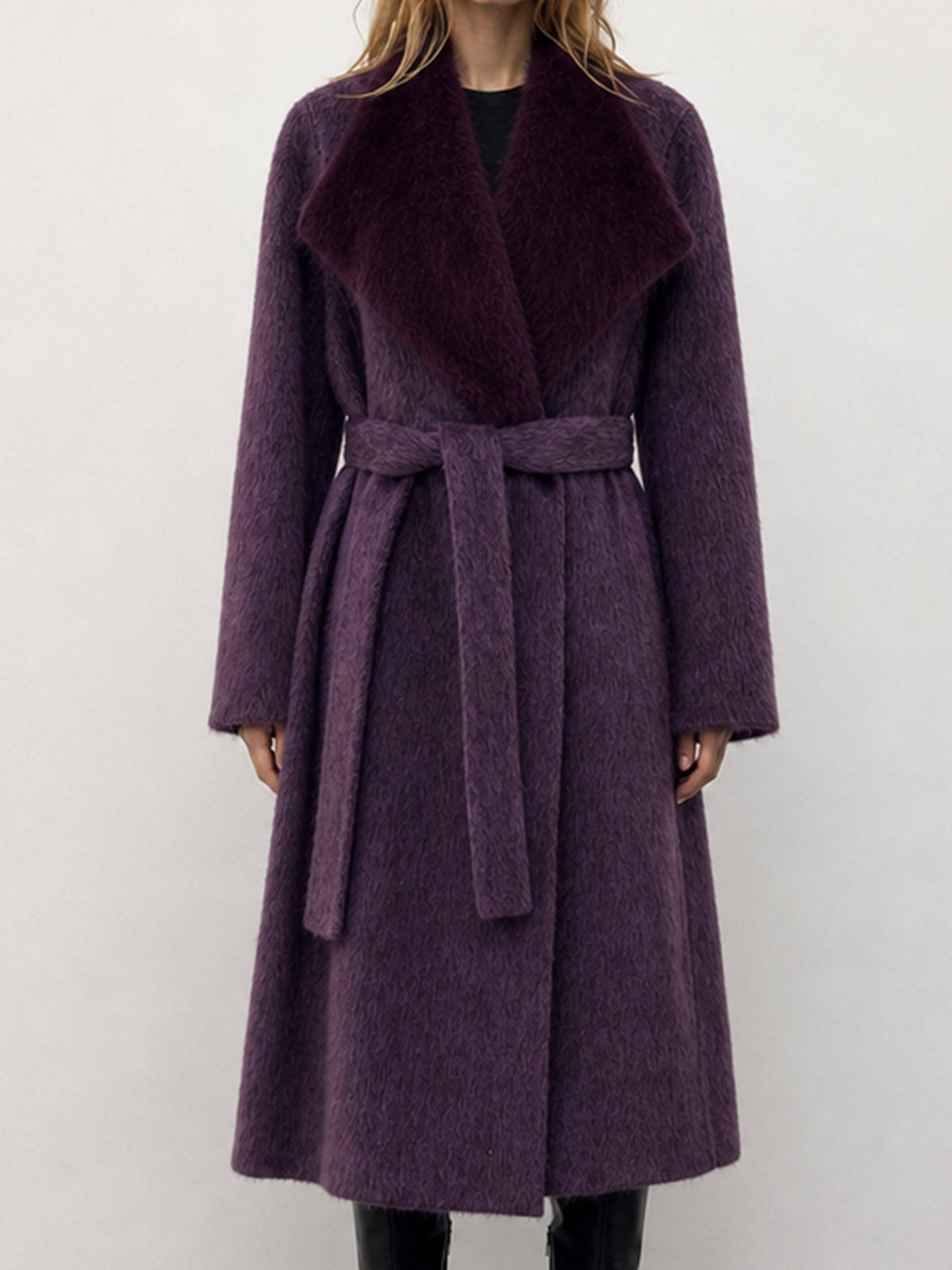 Winter Women's Formal Casual Breathable Woolen Coat with Fur Hood Long Cashmere Belt Double Faced Hand Sewn 2kg H2676