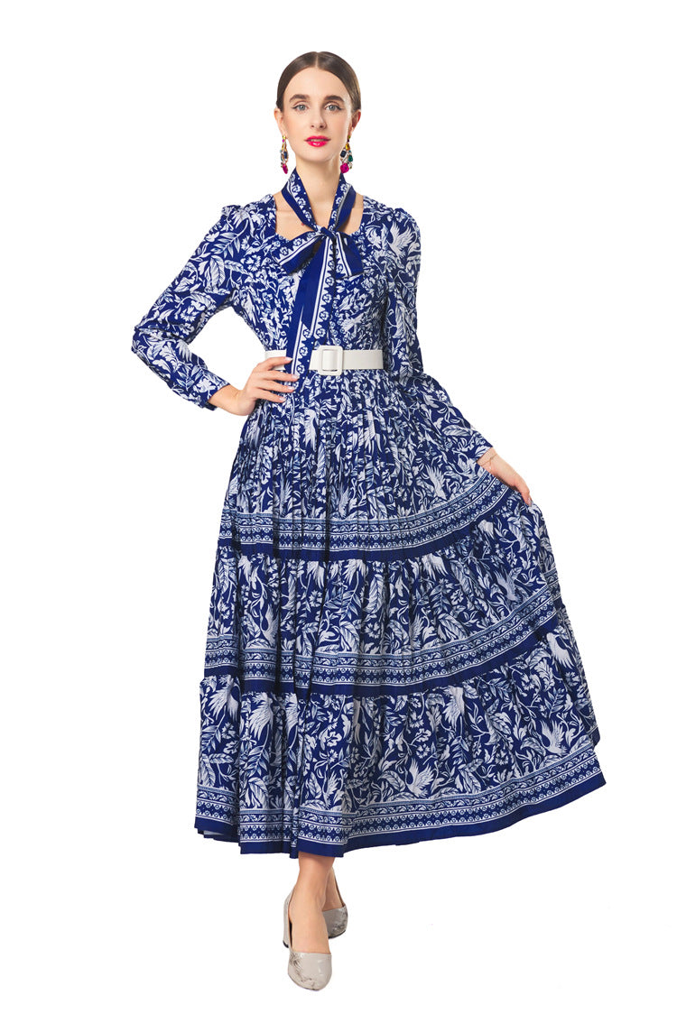 Plus Size 2026 New New Chinese Style Dress, Chinese Porcelain Print French Collar Scarf‑Neck Belted Pleated Women Dress