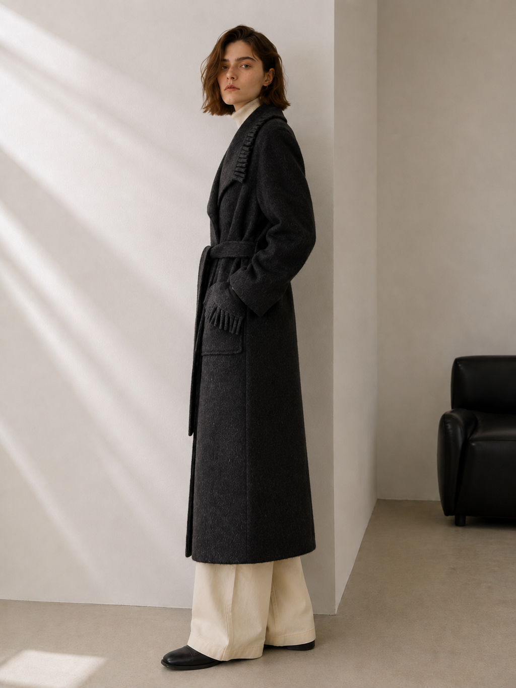 Women's Belted Cashmere Wool Blend Long Coat with Pleated Detail Elegant Winter Overcoat Hand Sewn GC0007