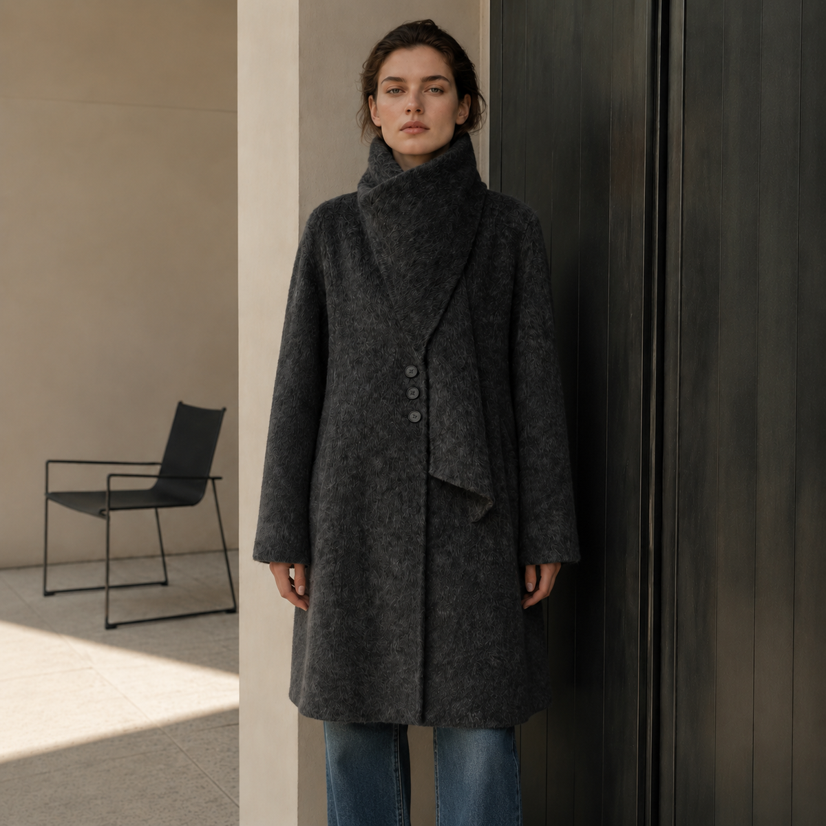 Winter Long Cashmere Trench Coat Turtleneck Collar Breathable Vintage Woolen Closure Nonwoven Casual with Scarf GC0024