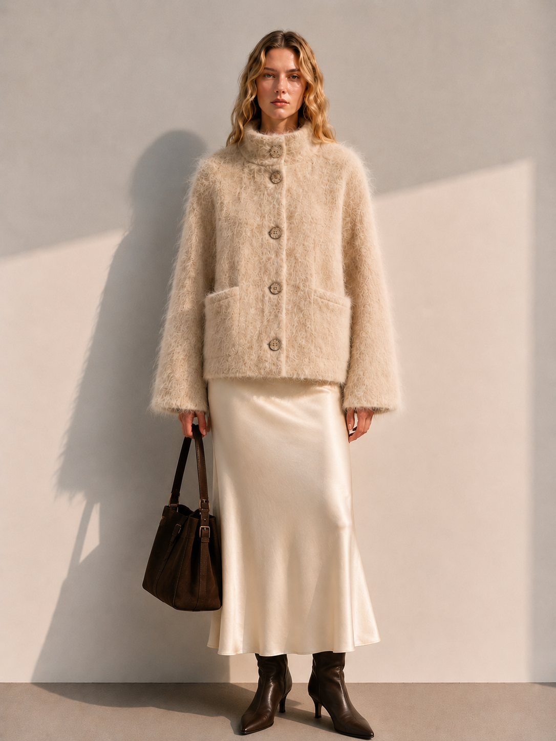 Single Breasted Stand-collar Hand-sewn Thick Casual Solid Color Womens Woolen Coat Single-faced Cashmere Winter Full Sleeve GC0035