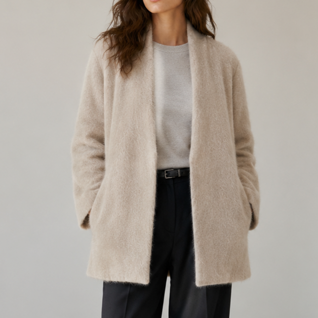 Women's Alpaca Blend V-neck Casual Open Front Brushed Wool Coat with Long Hair Winter GC0043