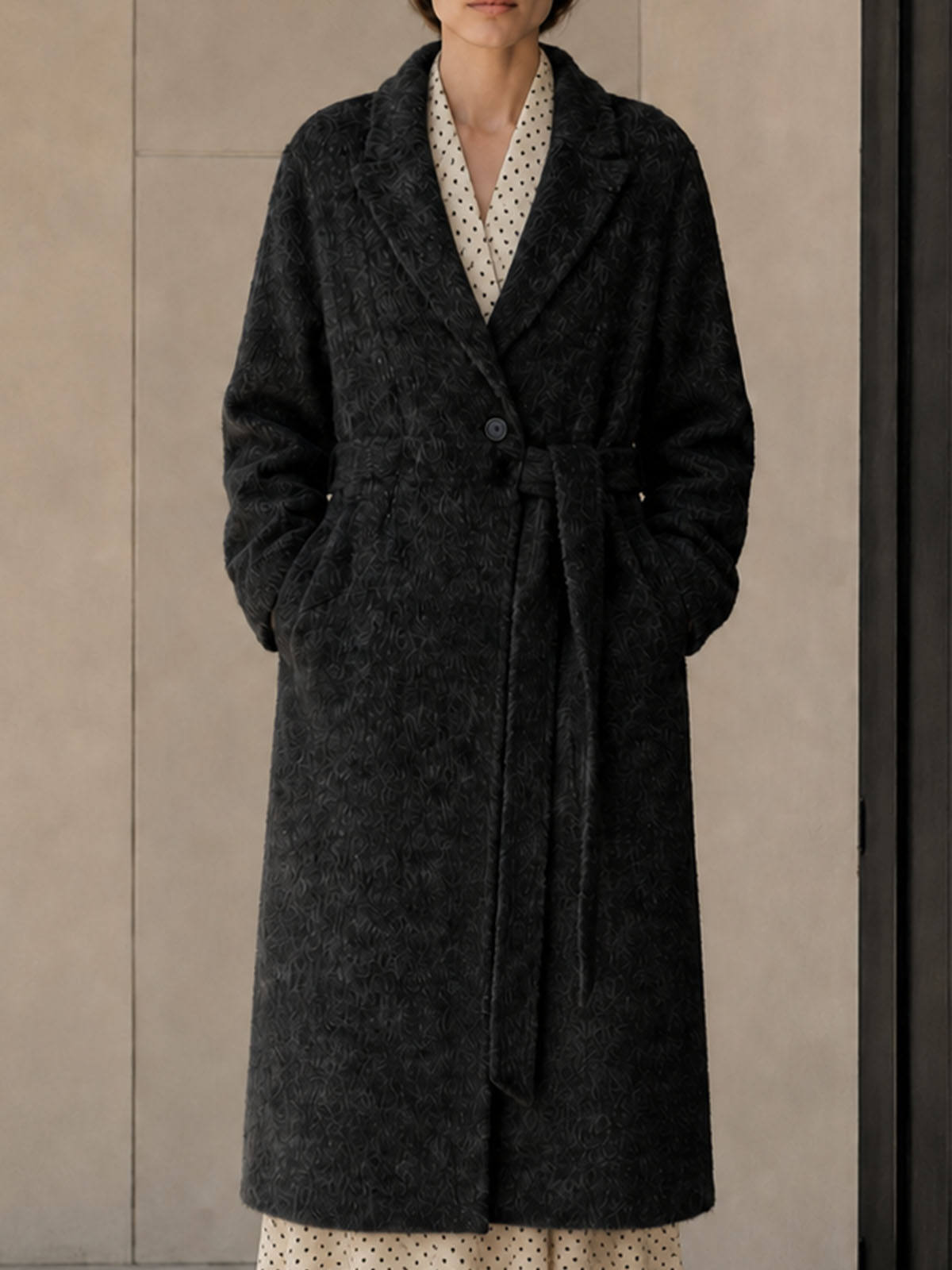 Women's Elegant Charcoal Belted Woolen Eco-Friendly High Street Regular Down Overcoat Turn-down Collar Winter Outerwear GC0012