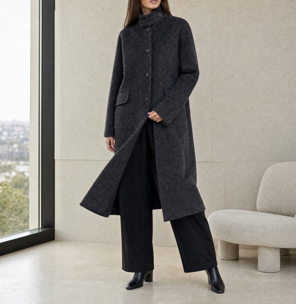 Women's Luxury Woven Wool Overcoat Long Stand Collar Cashmere Lining Thick Warm Winter Coat 835
