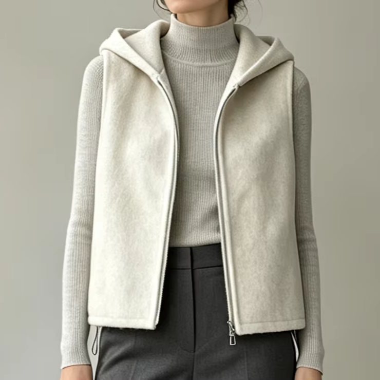 Ladies Woven Cashmere Wool Sleeveless Vest Autumn Double Face Hooded Normcore/Minimalist 8631