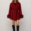 Elegant Women's Winter Coat with Detachable Genuine Fox Fur Trim Breathable Hand Sewn Wool Casual Short Length Belt Closure L26101
