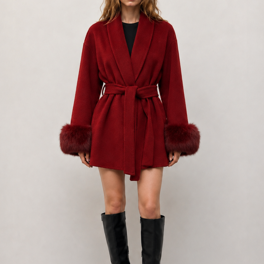 Elegant Women's Winter Coat with Detachable Genuine Fox Fur Trim Breathable Hand Sewn Wool Casual Short Length Belt Closure L26101