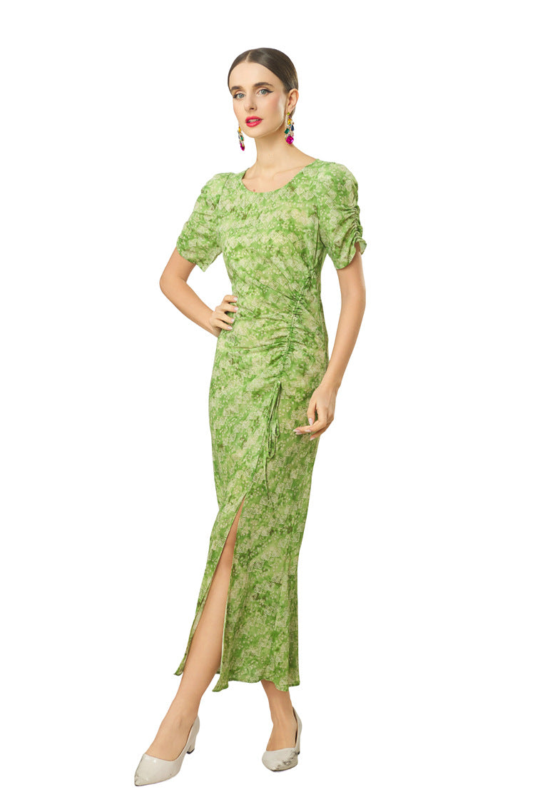 Plus Size 2026 Summer French Fresh Dress, Green Print Crew Neck Short Sleeve Waist Ruched Slit Hem Women Dress