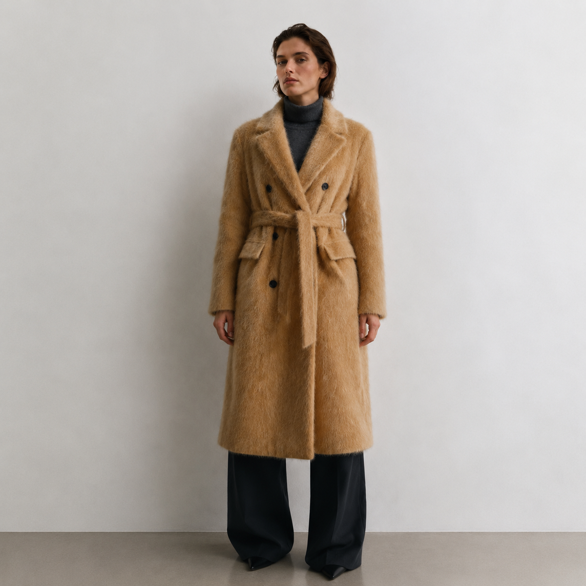 Elegant Casual Camel Hairy Wool Double Breasted Belted Winter Coat for Women Windproof Warm Keeper GC0031