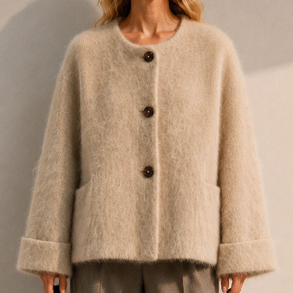 Women's Brushed Wool Cashmere Blend Elegant Single Breasted Button Collarless Winter Jacket Soft Hairy Texture GC0037