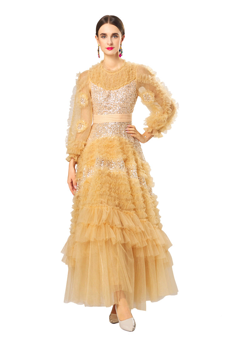 Plus Size Women Sparkly French Dress, Beaded Floral Ruffle Crew Neck Mesh Splice Multi‑Layer Dress