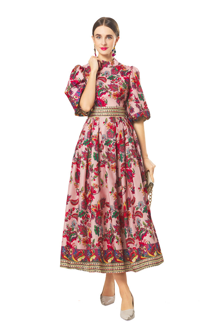 New Women Plus Size Dress, Premium Fabric Printed Cow Horn Shoulder Short Sleeve Slim Waist Dress