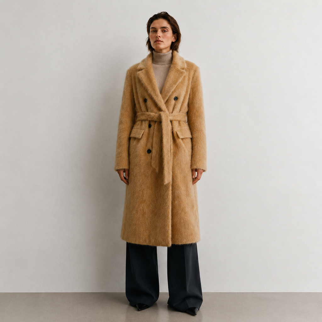 Elegant Casual Camel Hairy Wool Double Breasted Belted Winter Coat for Women Windproof Warm Keeper GC0031