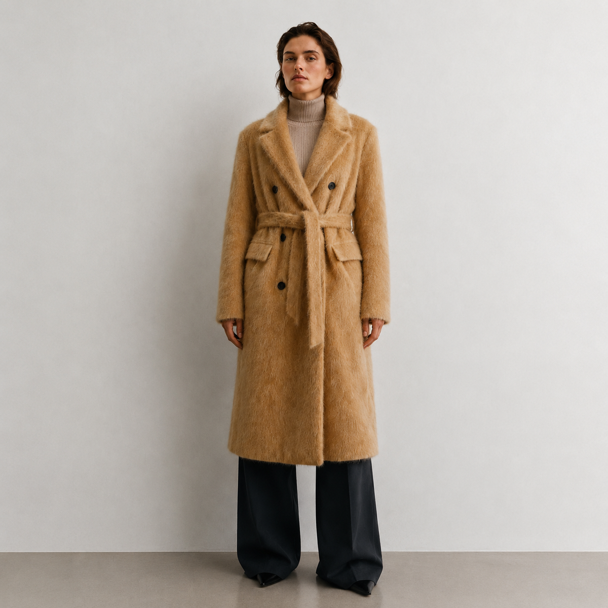 Elegant Casual Camel Hairy Wool Double Breasted Belted Winter Coat for Women Windproof Warm Keeper GC0031