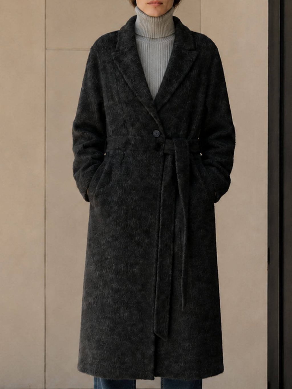 Women's Elegant Charcoal Belted Woolen Eco-Friendly High Street Regular Down Overcoat Turn-down Collar Winter Outerwear GC0012