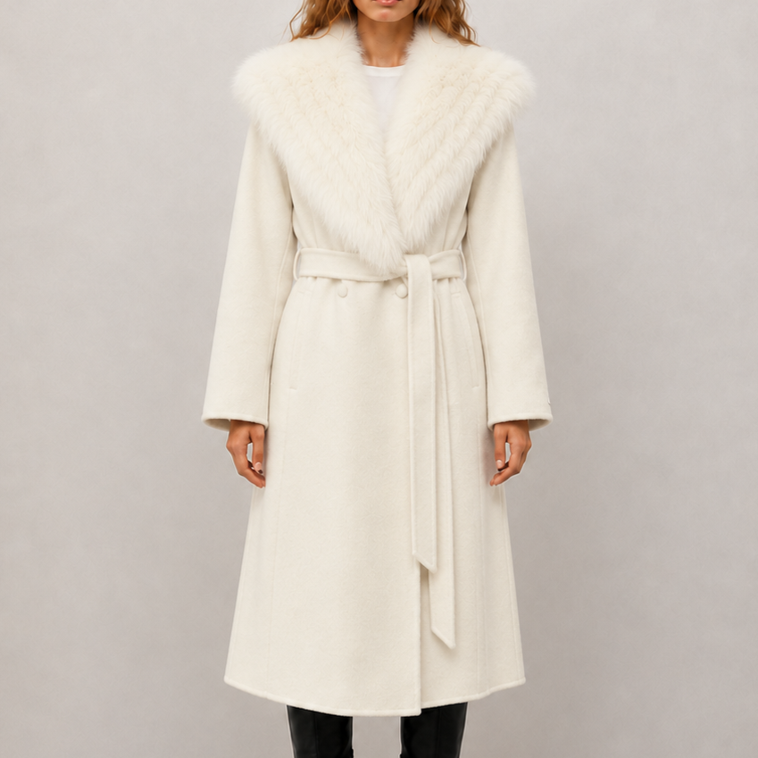Custom OEM/ODM High Quality Long Elegant Wool Blended Women's Coats Cashmere Lining Solid Pattern Belt Closure for Fall/Winter N5839-2