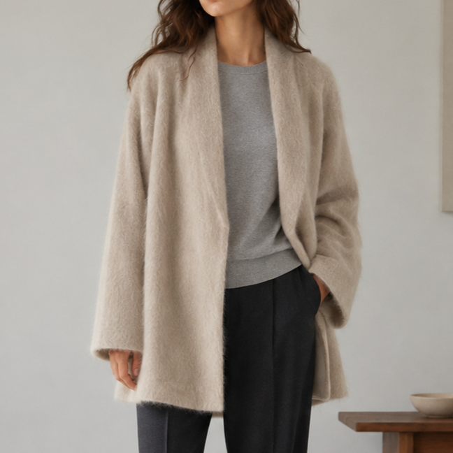Women's Alpaca Blend V-neck Casual Open Front Brushed Wool Coat with Long Hair Winter GC0043